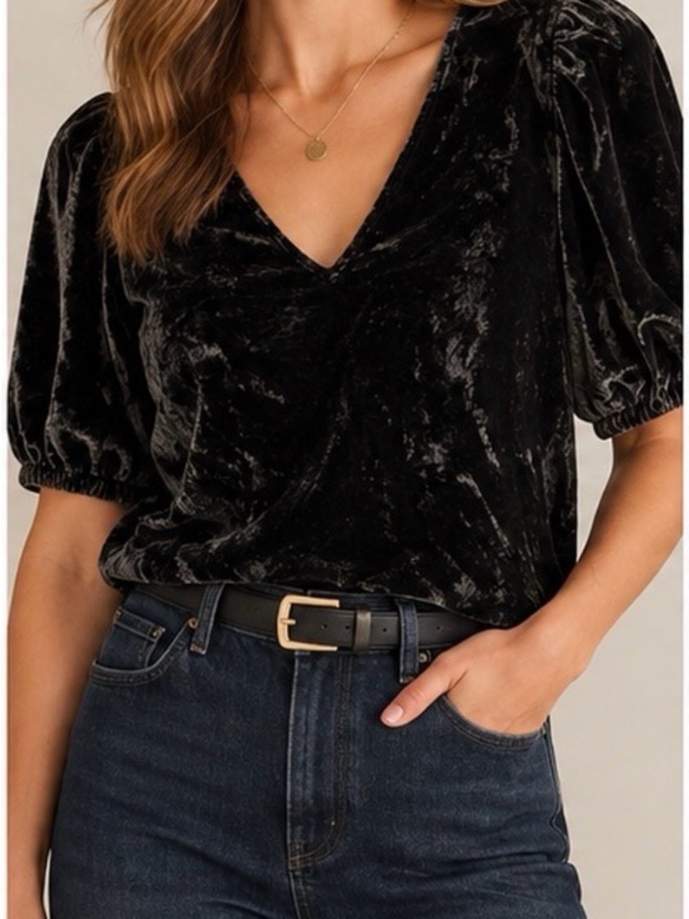 LOFT Black Velvet V-Neck Puff Sleeve Blouse XS